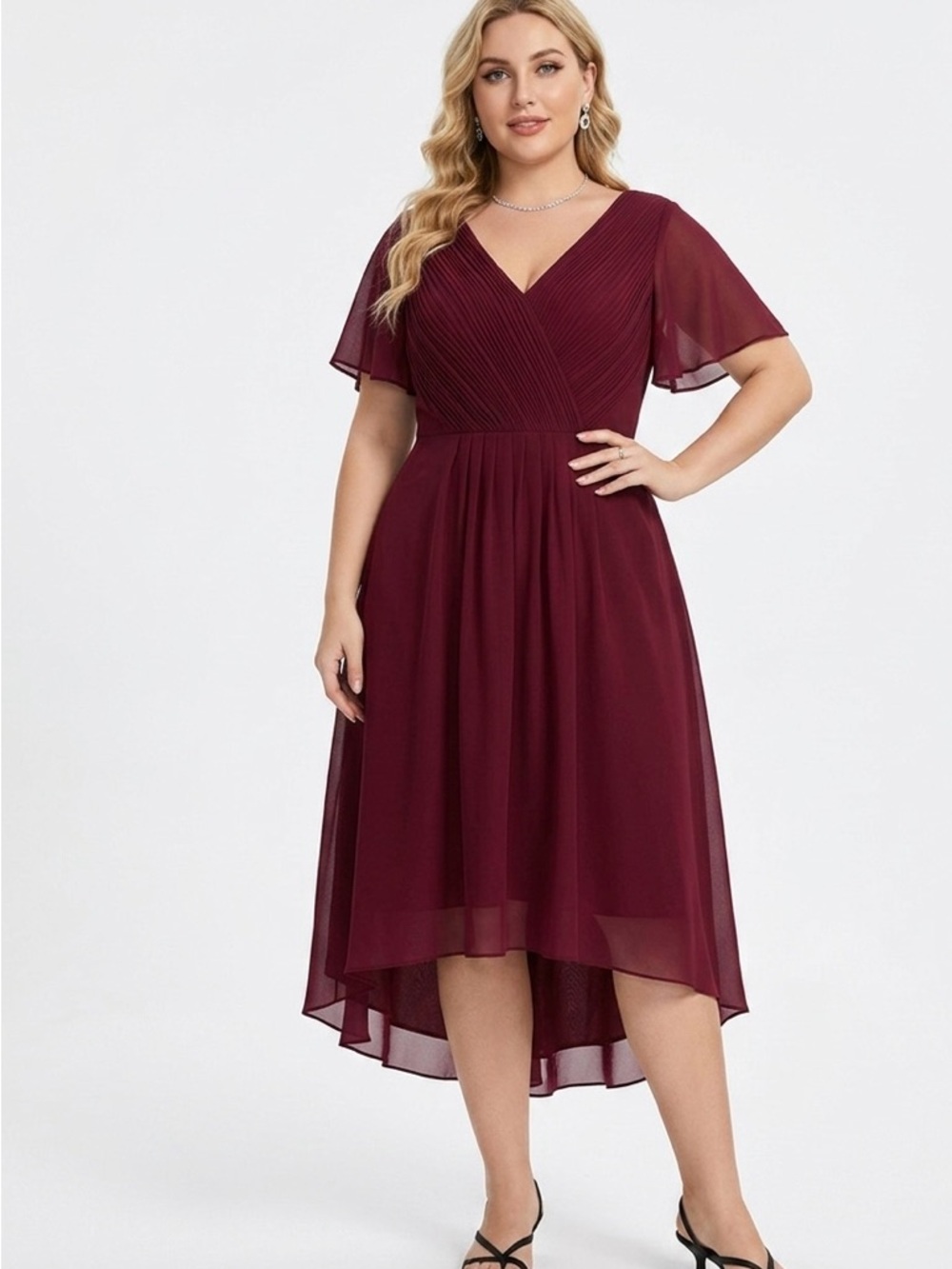 Ever Pretty Burgundy High-Low V-Neck Chiffon Dress